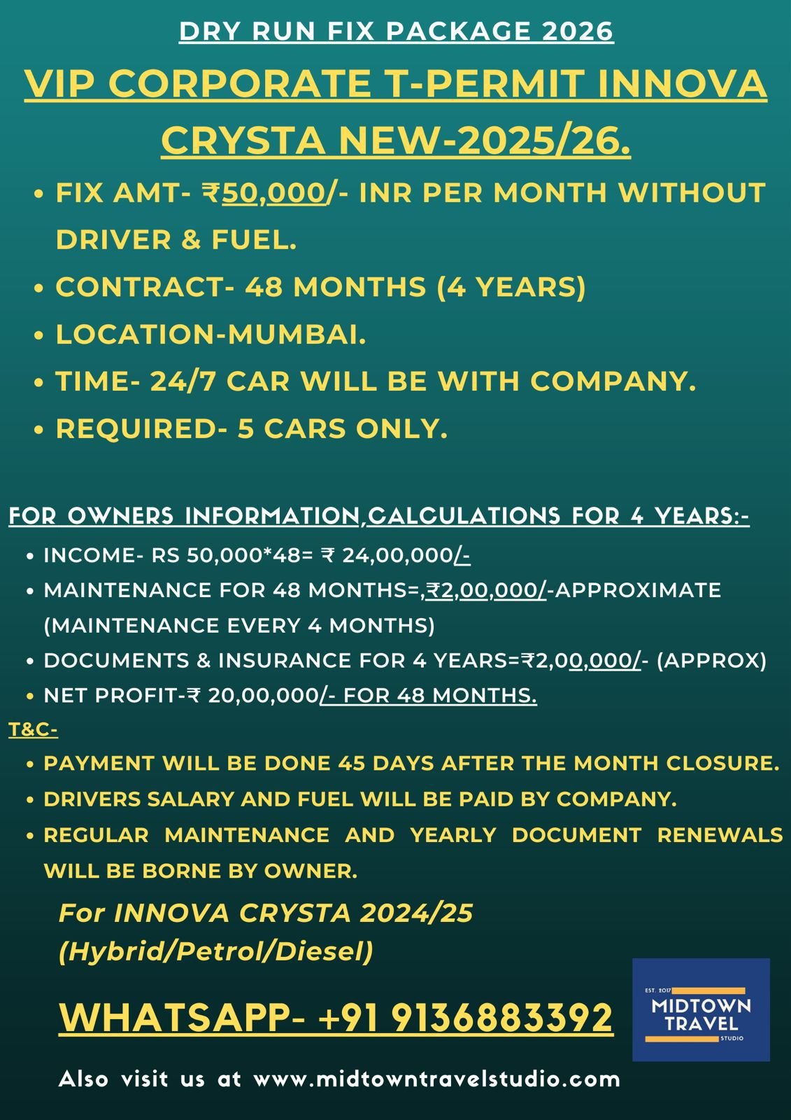 VIP Corporate Innova Crysta Lease Package 2026 — Handover Package