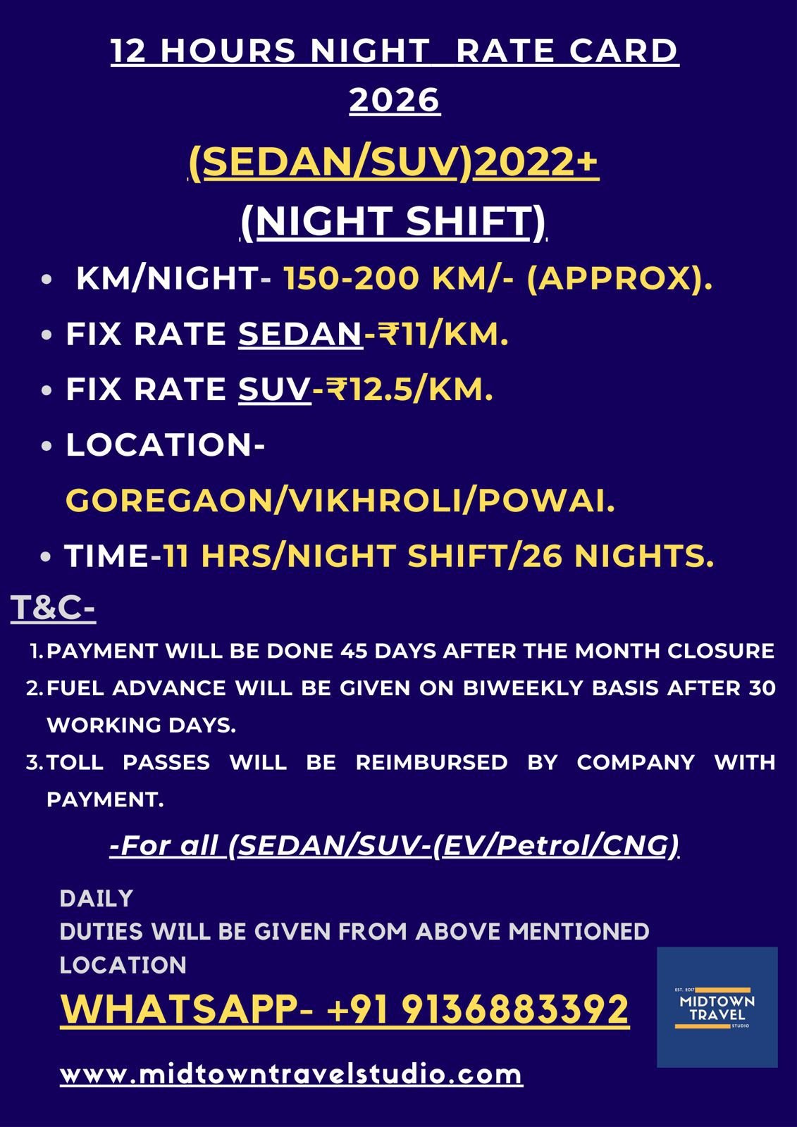 Night Shift Rate Card 2026