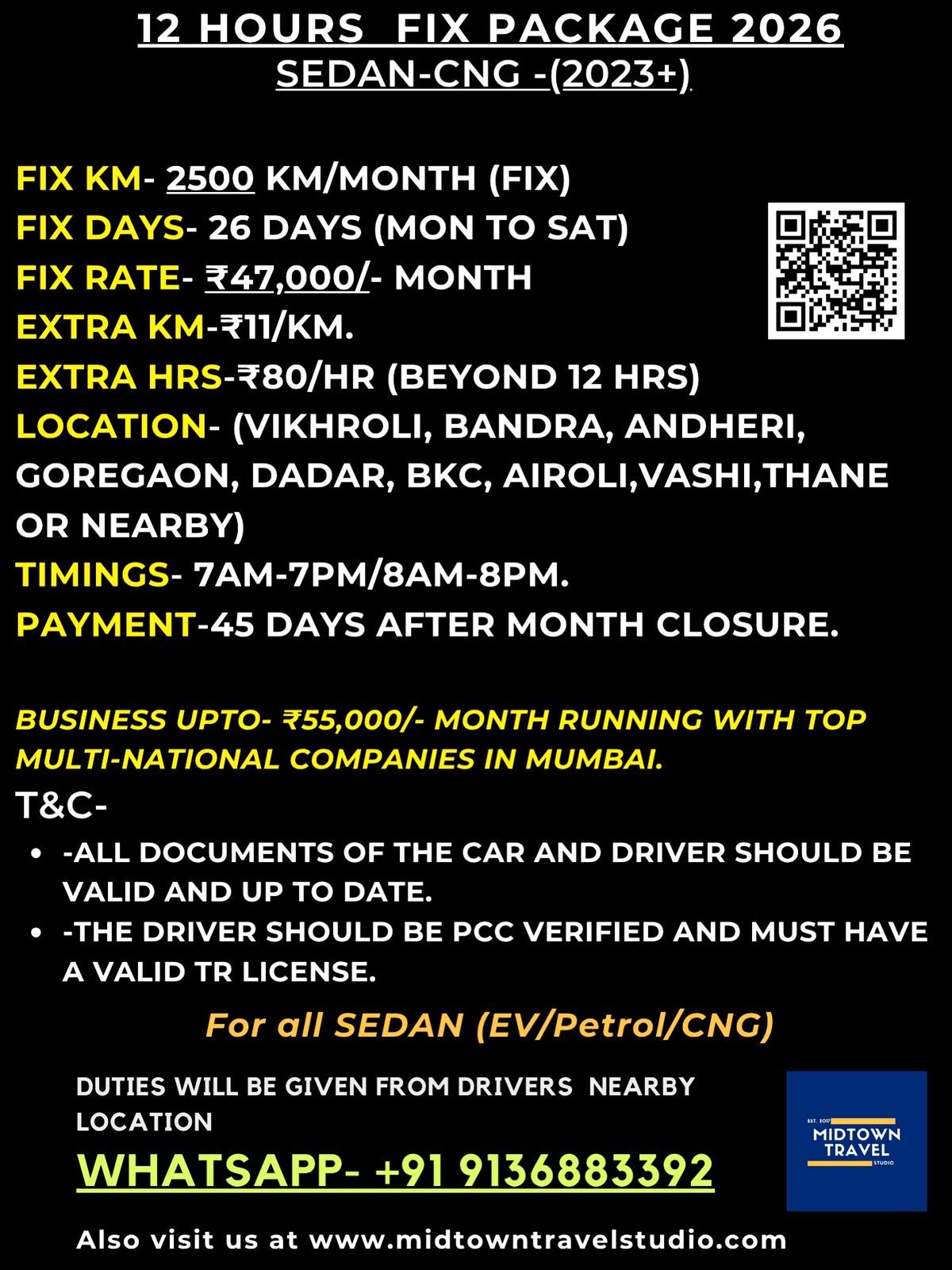 Sedan Fixed Package 2500 KM Rate Card 2026